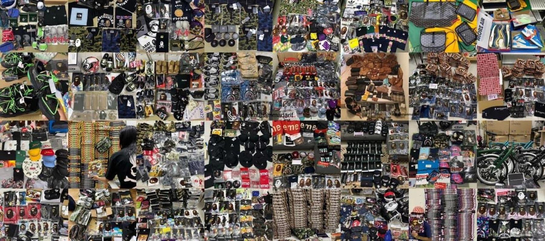 Collage of two dozen haul photos showing BAPE, Supreme, Nike, Goyard and sneakers laid out on floors