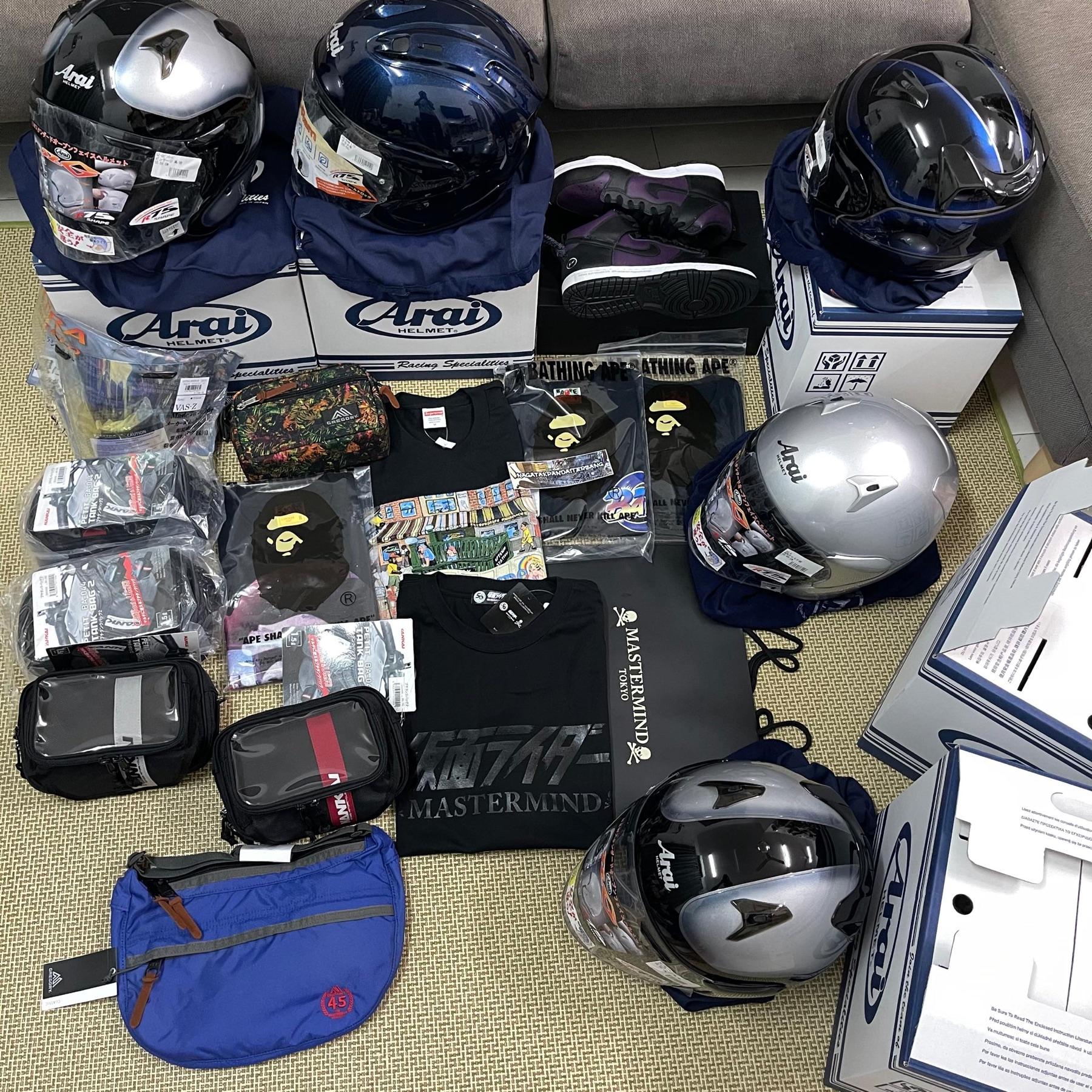 Six Arai helmets, Nike Dunk, Gregory bags, tank bags, BAPE tees and Mastermind Japan tee
